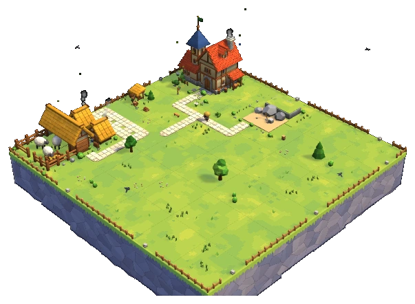 A young village with a manor, two cottages, paths and sheep on a grassy floating island