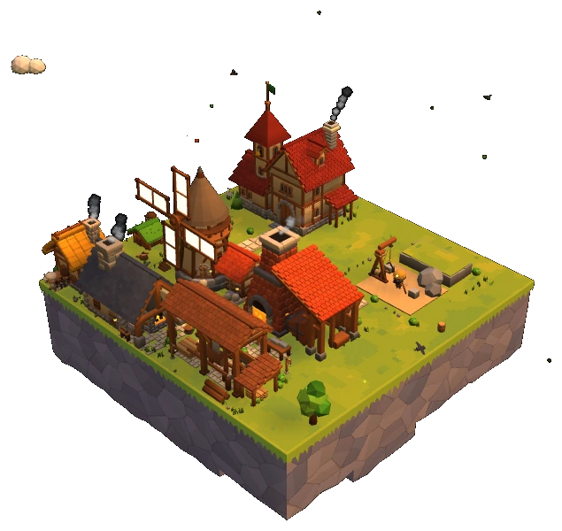 The village at dusk with a windmill, workshops and smoking chimneys